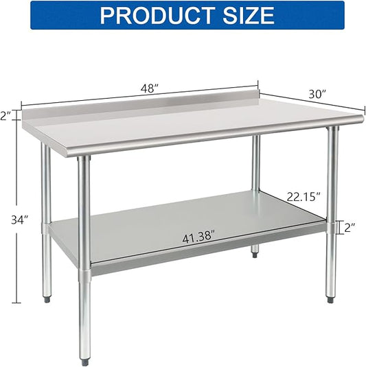HARDURA Stainless Steel Prep & Work Table 30 x 48 Inches NSF Heavy Duty Commercial with Undershelf and Backsplash, Galvanized Legs for Commercial Food Prep