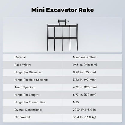 AHM 19" Mini Excavator Rake, 5-Tooth Wide Rake Attachment for Mini Excavators up to 2 Tons, 490 mm Metal Brush Rake with 0.98" (25 mm) Pins for Land Clearing, Debris Removing, Soil Spreading
