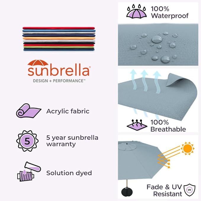 Midtown Umbrellas Sunbrella Umbrella Outdoor Patio Umbrella 2-8 Feet in Canvas Haze Acrylic Fabric - Auto-Tilt Aluminum Frame For Backyard Umbrella, Deck Umbrella & Porch Umbrella - Wooden Pole