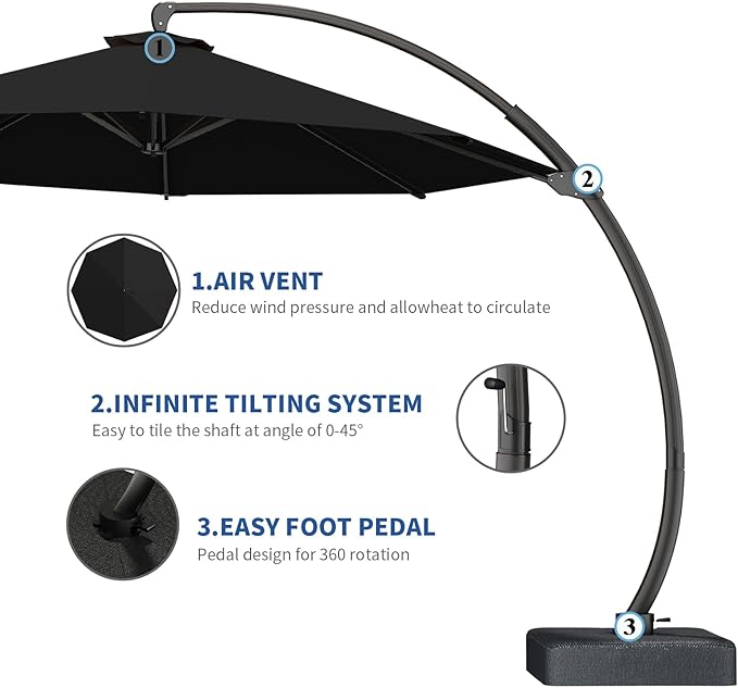 7 Piece Patio Dining Set with 11ft Patio Umbrella (Black), 7 Black Outdoor HDPE Dining Set with 6 Chairs + 1 Large Table with 2" Umbrella Hole, for Market, Pool, Garden, Backyard, Deck