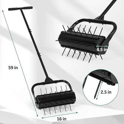 SMONTER Manual Lawn Aerator, 17” Heavy Duty Rolling Aerator Lawn Tool for Yard Garden, Aeration Tool with Spike Soil Penetrator