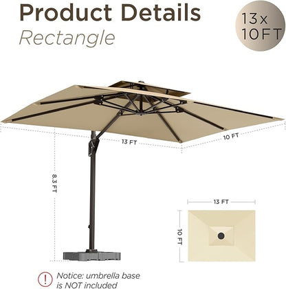 10' X 13' Patio Umbrella with Base Included Outdoor Large Rectangle Offset Cantilever Umbrellas Double Top Heavy Duty Windproof with 360-degree Rotation for Pool Garden Deck