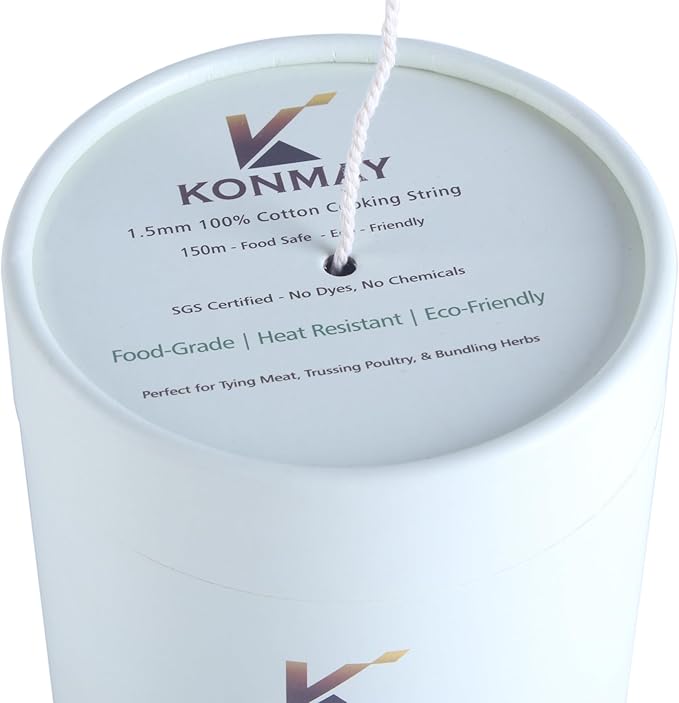 KONMAY 1.5mm Butcher 's Twine – 490ft 100% Cotton Cooking String, Baker Twine for Trussing, Roasting, Grilling, Tying Meat, Herbs & Sausages,Packed in a Paper Box with Feeding Hole