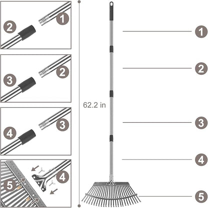KeFanta Garden Leaf Rakes, Rake for Leaves Heavy Duty 25 Metal Tines 18.5" Wide, 62" Adjustable Long Handle Rakes for Lawns Yard Grass Flower Beds