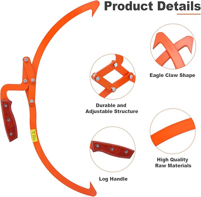 13 Inch Orange Log Tongs, Claw Skidding Tong Logging Skidding Tongs with Non Slip Grip, Log Lifting Tools for Handling, Dragging & Carrying Tool