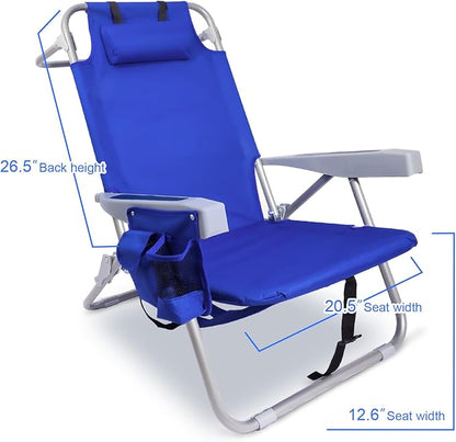 Beach Chair with Backpack Straps, Heavy Duty Backpack Beach Chairs for Adults with 4 Positions, Lay Flat Beach Chair with Large Cooler Pouch, Support to 350LBS