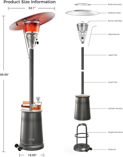 50,000 BTU Patio Heater for Outdoor Use With Adjustable Heat Focusing Top, Portable Propane Patio Heater with Wheels, Stainless Steel Burner for Porch Deck Garden (Black)