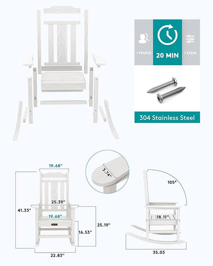SERWALL Outdoor Rocking Chair Set of 6, Patio Rocking Chair Sets, HDPE Rocking Chair for Adults, White