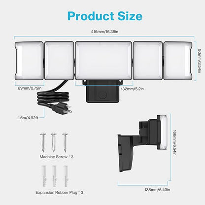 Olafus 130W Flood Lights Outdoor Plug in, 13000LM LED Security Light, 6500K Exterior Flood Lights with 5 Adjustable Heads, IP65 Waterproof Outdoor LED Safety lamp for Backyard Garage Patio Black