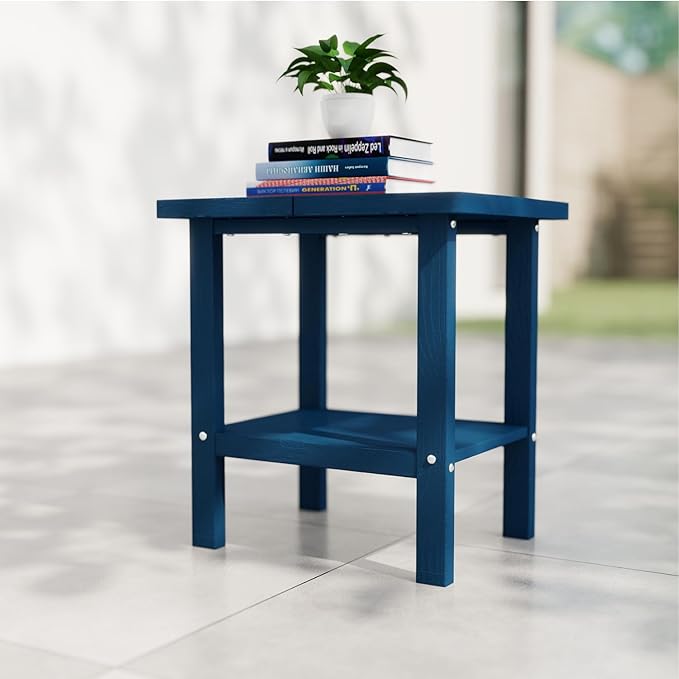 Kingdura Adirondack Outdoor Side Table, 16 x 13 Inches HDPE Plastic Outside End Tables for Patio Pool Porch Backyard Indoor, 2 Tiers Storage Shelf, All Weather Resistant, Easy Maintenance (Navy Blue)