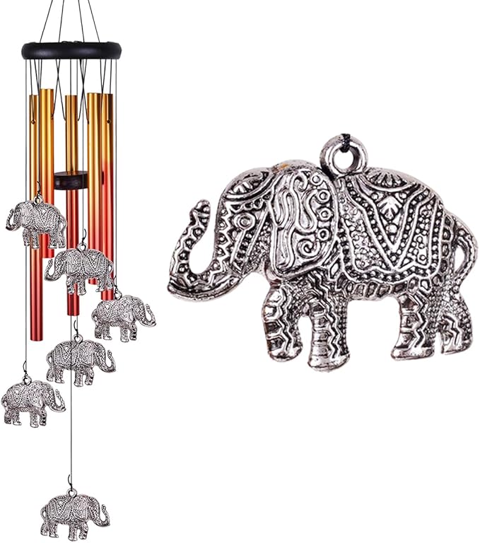 Elephant Wind Chimes Outdoor/Indoor Decor - Pure Hand-Made Mobile Romantic Wind Catcher, 28" Elephants Wind Chimes for Home, Xmas, Gift for Mom, Balcony, Patio, Garden Decoration(6 Elephants, 5 Tubes)