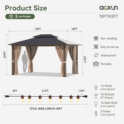 Aoxun 10'x12' Hardtop Gazebo, Aluminum Frame Permanent Pavilion with Light, Curtains and Netting, Outdoor Polycarbonate Gazebo, Double Roof Canopy, for Gardens, Patios, Lawns
