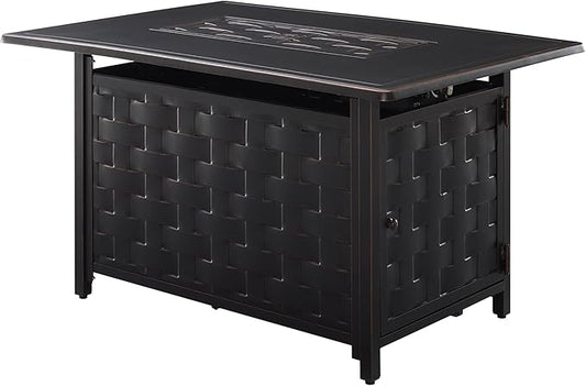 Fire Sense 63700 Preston Basketweave Aluminum Convertible Gas Fire Pit Table 45,000 BTU Multifunctional Outdoor Firepit with Fire Bowl Lid Nylon Cover Clear Fire Glass Bronze Finish - Rectangular 44"