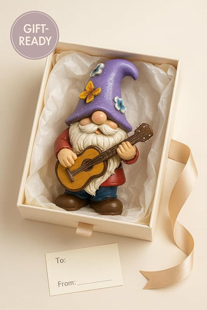 Musical Gnome Figurine with Guitar – Handcrafted Resin Garden or Shelf Decoration, 6.2" Tall Whimsical Gnome Statue with Purple Hat, Flowers & Butterfly, Gift for Music Lovers (Purple)