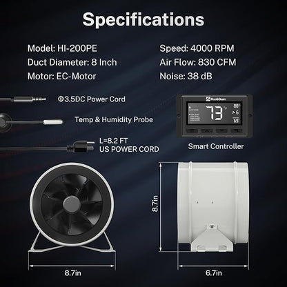 Hon&Guan PRO 8 Inch Inline Duct Fan - 830 CFM with Quiet EC Motor & Temperature Humidity Smart Controller, Ventilation Exhaust Fan for Heating Cooling, Grow Tents, Hydroponics (White&Black)