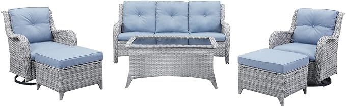 HUMMUH Patio Furniture 6 Pieces Outdoor Furniture Set Wicker Outdoor Sectional Sofa with Swivel Rocking Chairs,Patio Ottomans,Patio Coffee Table(Light Grey/Light Blue)