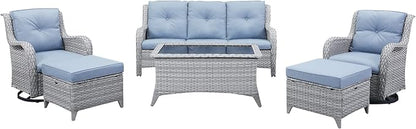 HUMMUH Patio Furniture 6 Pieces Outdoor Furniture Set Wicker Outdoor Sectional Sofa with Swivel Rocking Chairs,Patio Ottomans,Patio Coffee Table(Light Grey/Light Blue)