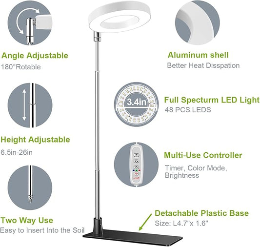 Grow Lights for Indoor Plants, Full Spectrum Halo Growing lamp with Detachable Base, Height Adjustable, 3 Colors, 10 Dimming, Automatic Timer, Plant Light for Small Plants Growing, 2-Pack