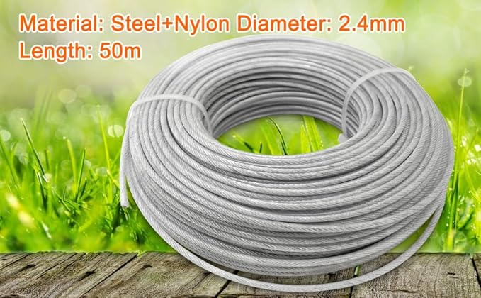 Grass Trimmer Line Nylon Steel 0.095'' 164ft/50m Round String Trimmer Spool Replacement, Steel Metal Core and Nylon Coating for Tough Weeds in Gardens and Lawns