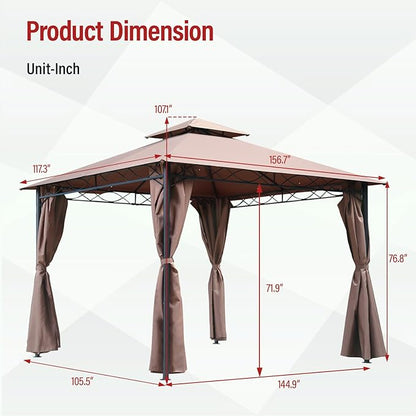 10'x13' Outdoor Patio Canopy Rain-Proof Pop Up Gazebo UV-Resistant Canopy Tent with Double Roof Tops Curtain for Backyard, Patio and Garden, Brown