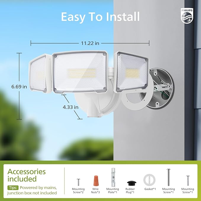 Philips 72W 7400LM Dusk to Dawn Security Lights Outdoor, LED Aluminum Flood Light, 3 Adjustable Heads, 5000K Daylight, Waterproof for Garage, Yard, Patio