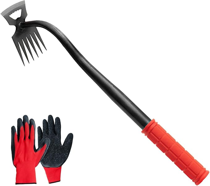 Weed Puller, Manual Weed Remover Tool with Rubber Handle, 6-Tine Forged Manganese Steel Weed Puller Tool Weeder for Yard Farm Garden