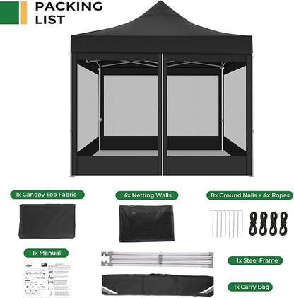 COBIZI 10x10 Heavy Duty Pop Up Canopy with 4 Mosquito Netting Wall, Easy Set Up Commercial Gazebo Party Tent, Outdoor Instant Screen Canopy for Backyard, Patio, Garden, Black