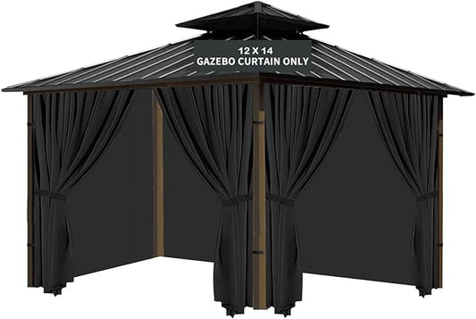 Gazebo Universal Replacement Privacy Curtain, 12'X14' Gazebo Curtains Outdoor Waterproof, 4-Panels Sidewall with Zipper for Patio, Garden and Backyard (Only Curtains, 12'X14', Black)