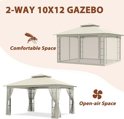 EAGLE PEAK Patio Gazebo with Mesh Netting 13x11 at Top 12x10 Footprint, Soft Top Outdoor Pavilion for Backyard, Deck, Lawn and Garden, Beige