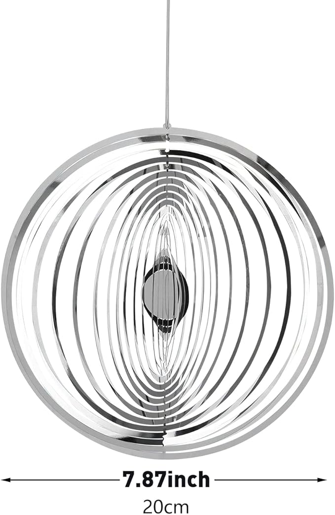 Hanging Wind Spinner Outdoor Metal Decorations, Silver Wind Spinners for Yard and Garden,3D Mirror Stainless Steel Wind Sculptur Chime Indoor Outdoor Garden Decoration Worth Gift （Round）