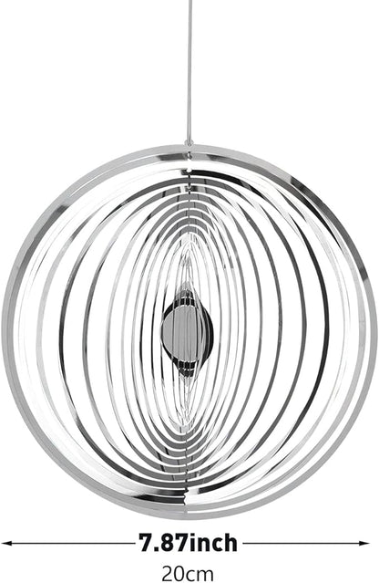 Hanging Wind Spinner Outdoor Metal Decorations, Silver Wind Spinners for Yard and Garden,3D Mirror Stainless Steel Wind Sculptur Chime Indoor Outdoor Garden Decoration Worth Gift （Round）