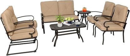 7-Piece Outdoor Metal Furniture Sets Patio Conversation Set, Wrought Iron Loveseat, 2 Dining Chairs, 2 Spring Chairs and Coffee Table, Brown