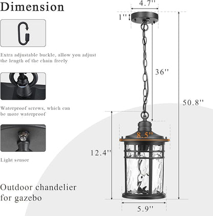 Large Hanging Porch Light 12.4 Inch Dusk to Dawn Outdoor Pendant Light with Water Ripple Glass Waterproof Outdoor Hanging Lantern Light with Adjustable Chain E26 Socket