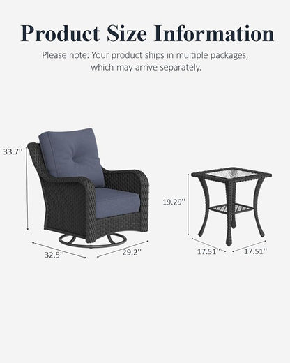LayinSun 3 Piece Wicker Outdoor Furniture Set with 6-inch Comfy Cushions, High Back Patio Furniture Set with Swivel Rocking Chairs and Side Table