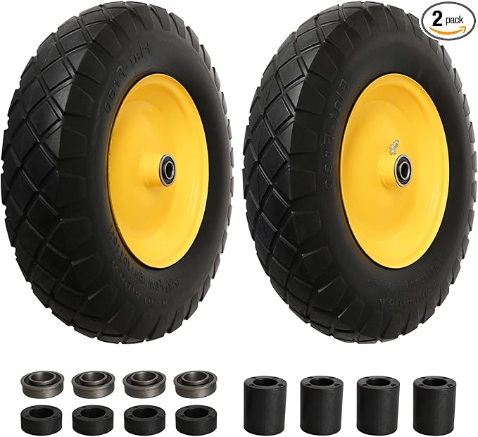4.80/4.00-8" Tire and Wheel Assembly Set for Wheelbarrows, 5/8" or 3/4" Bore Wheelbarrow Tires for Utility Cart, Wheel Barrel, Wagon, Trailer, Dolly, 16" Solid Rubber Tires Without Flat Spots, 2 Pack