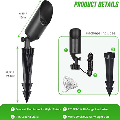 wowlite Landscape Spotlights Outdoor, 12V Low Voltage Landscape Lighting Fixture with 5W MR16 LED Bulb, 2700K Warm White Waterproof Black Aluminum Directional Uplight for Garden Courtyard Pathway