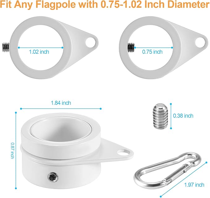 1" White Flag Pole Rings, 2 Pcs Anti Wrap Aluminum Alloy Flag Pole Clips Swivels, 360° Rotating Flagpole Flag Mounting Rings, Spinning Flag Pole Kit for 0.75-1.02" Diameter (1 Inch, White)