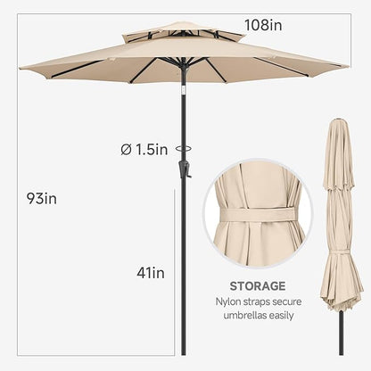 FLAME&SHADE 9ft Patio Umbrella - 2 Tiers Outdoor Umbrella with Push Button Tilt and Crank for UV Protection, Table Market Umbrella for Garden, Deck, Backyard, Pool and Beach(Beige)