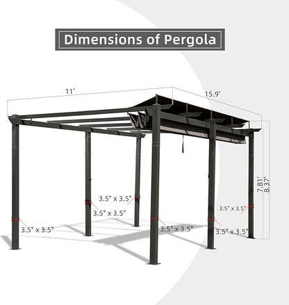 Domi 11’ X 16’ Outdoor Retractable Pergola with Weather-Resistant Canopy Aluminum Garden Pergola Patio Grill Gazebo for Courtyard