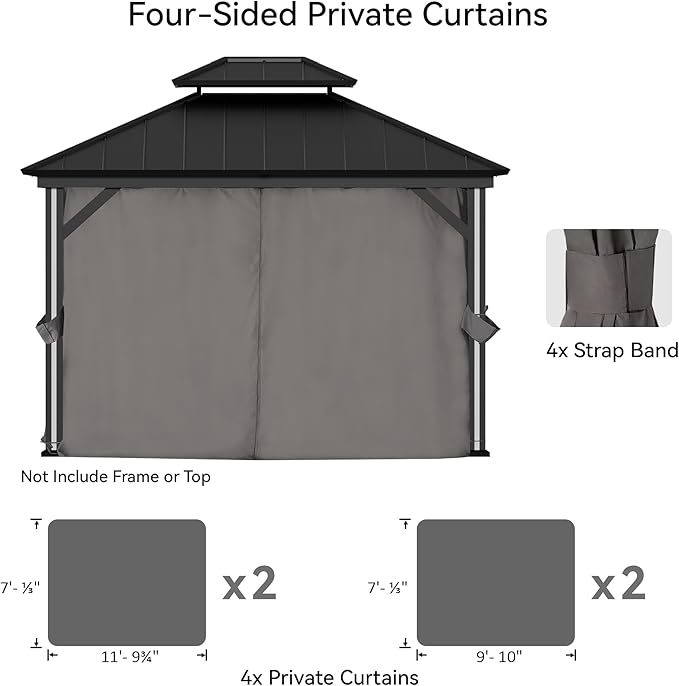 Gazebo Curtain Replacement Universal 4-Panel Sidewalls 10' x 12', Outdoor Gazebo Privacy Curtains with Zipper, Replacement for Patio Canopy, Garden, Backyard, Grey (Curtain Only)