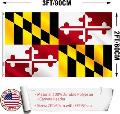 Maryland States Flag 2x3 Outdoor Made in USA - Double Sided Heavy Duty Vivid Color Maryland MD Flags with 2 Brass Grommet
