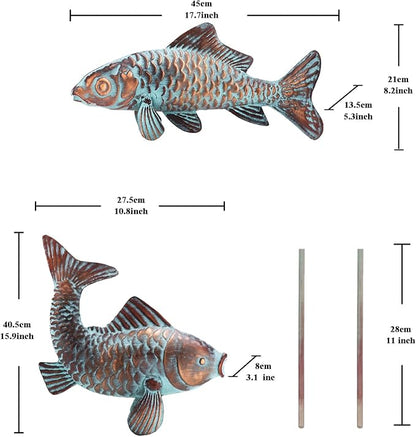 Metal Koi Fish Sculptures, Outdoor Garden Sculptures & Statues, Antique Copper Koi Pond Decor, Set of 2 Koi Fish Figurines Artwork, Garden Statue for Indoor Outdoor Patio Backyard Home Kitchen
