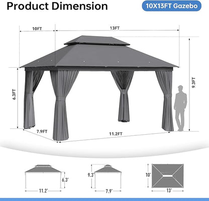 Outdoor Gazebo Metal Frame Patio Pergola Double Roofs Patio Canopy with Double-Layer Door and Mosquito Netting for Deck, Backyard, Lawn (Grey, 10x13FT)