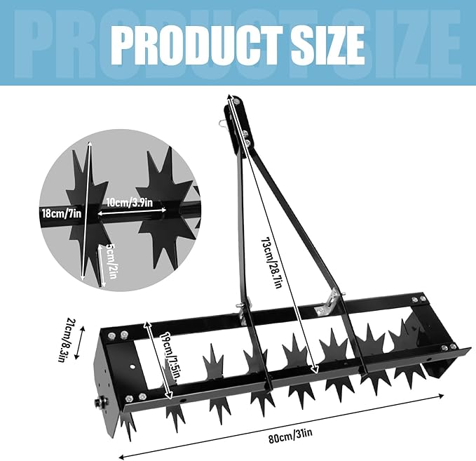 RQR 31 Inch Tow Behind Spike Aerator, Soil Penetrator Spikes Tractor, Heavy-Duty Core Aerator Tool, Manual Lawn Aerator, Plug Aerator with Universal Hitch, Rolling Aerator