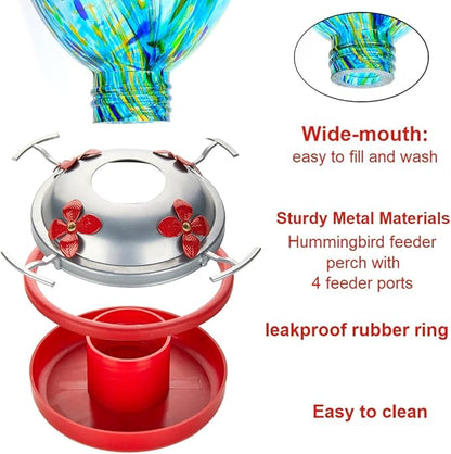 REZIPO Hummingbird Feeder with Perch - Hand Blown Glass - Light Green - 38 Fluid Ounces Hummingbird Nectar Capacity Include Hanging Wires and Moat Hook