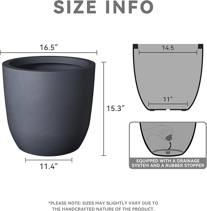 Kante 16.5" Dia Round Concrete Planter, Large Outdoor Modern Indoor Decorative Plant Pots with Drainage Hole and Rubber Plug for Home and Garden, Charcoal