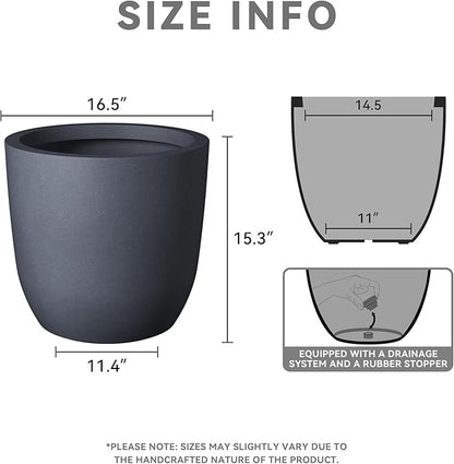 Kante 16.5" Dia Round Concrete Planter, Large Outdoor Modern Indoor Decorative Plant Pots with Drainage Hole and Rubber Plug for Home and Garden, Charcoal