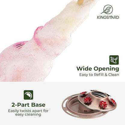 Kingsyard Glass Hummingbird Feeders for Outdoors, 24 oz Hummingbird Nectar Feeder for Outdoors Garden Yard D�cor, 6 Feeding Ports, Ant Moat Included, Easy to Clean & Refill, Pale Pink