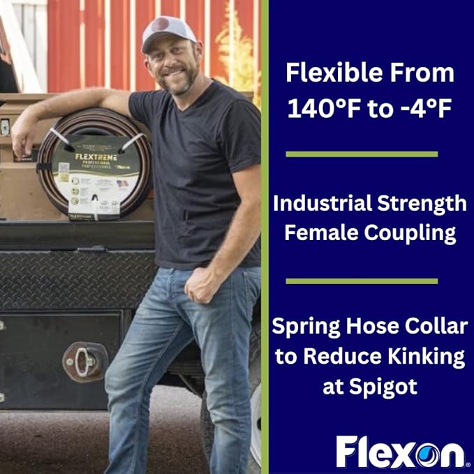Flexon Flextreme Pro 5/8" x 50ft Performance Rubber Garden Hose – Heavy-Duty, Kink-Resistant, All-Weather Flexibility, Industrial-Grade Couplings, Durable Outdoor Watering Hose for Lawn & Garden
