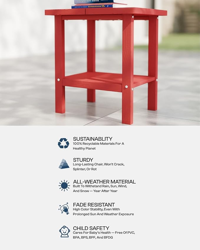 Kingdura Adirondack Outdoor Side Table, 16 x 13 Inches HDPE Plastic Outside End Tables for Patio Pool Porch Backyard Indoor, 2 Tiers Storage Shelf, All Weather Resistant, Easy Maintenance (Red)